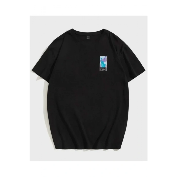 Unisex Baskılı Oversize T-Shirt - Siyah