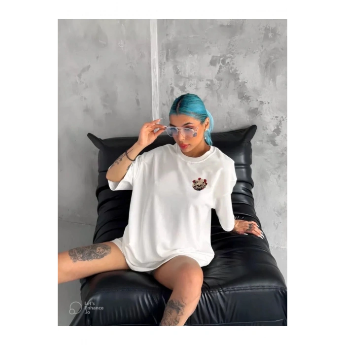 Unisex Bisiklet Yaka Baskılı Oversize T-Shirt - Beyaz