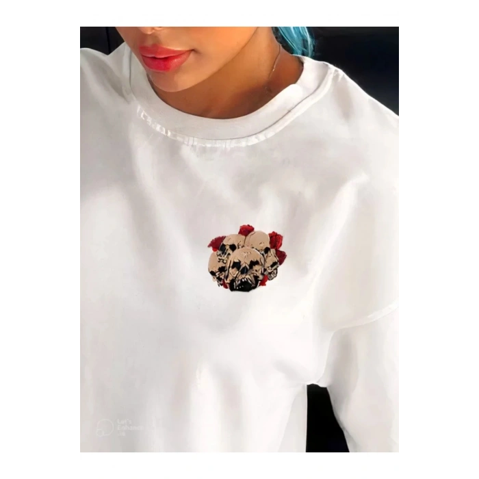Unisex Bisiklet Yaka Baskılı Oversize T-Shirt - Beyaz