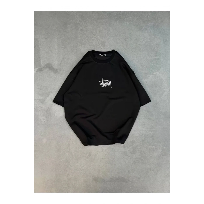 Unisex Bisiklet Yaka Baskılı Oversize T-Shirt - Siyah
