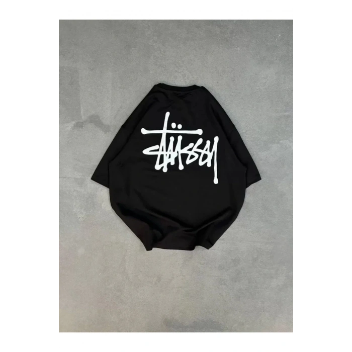 Unisex Bisiklet Yaka Baskılı Oversize T-Shirt - Siyah