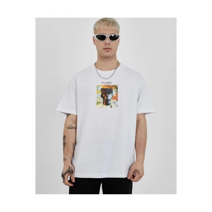 Unisex Bisiklet Yaka Baskılı Oversize T-Shirt - Beyaz