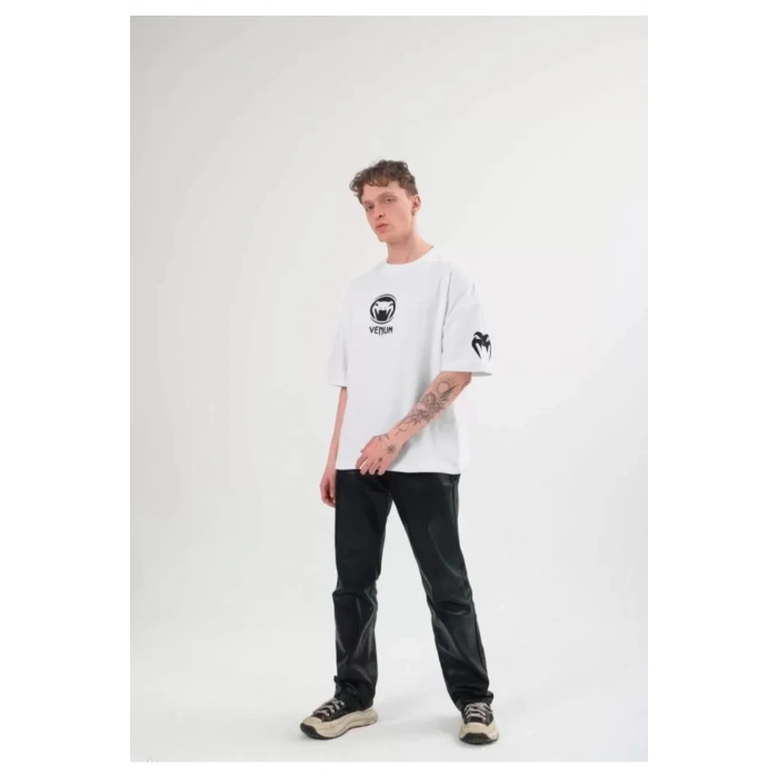 Unisex Bisiklet Yaka Baskılı Oversize T-Shirt - Beyaz