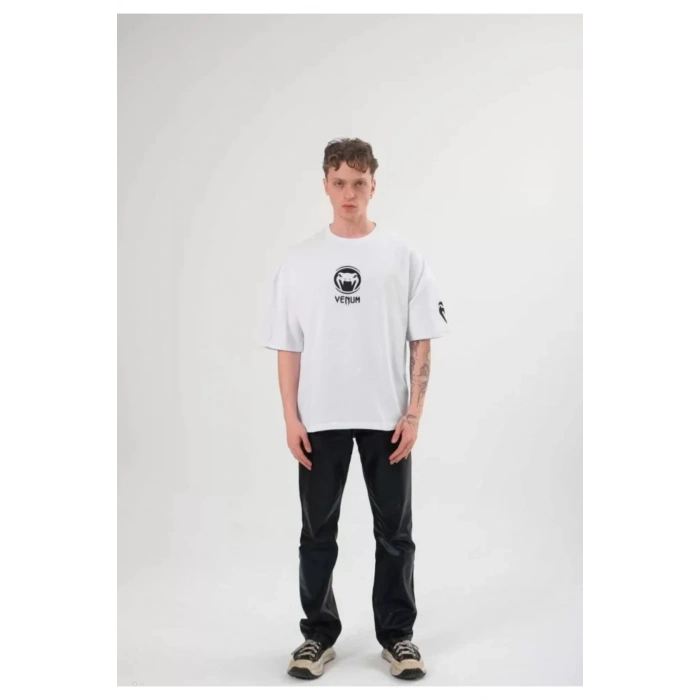 Unisex Bisiklet Yaka Baskılı Oversize T-Shirt - Beyaz