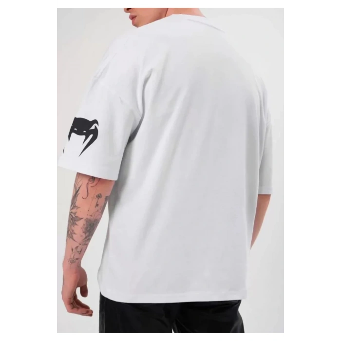 Unisex Bisiklet Yaka Baskılı Oversize T-Shirt - Beyaz