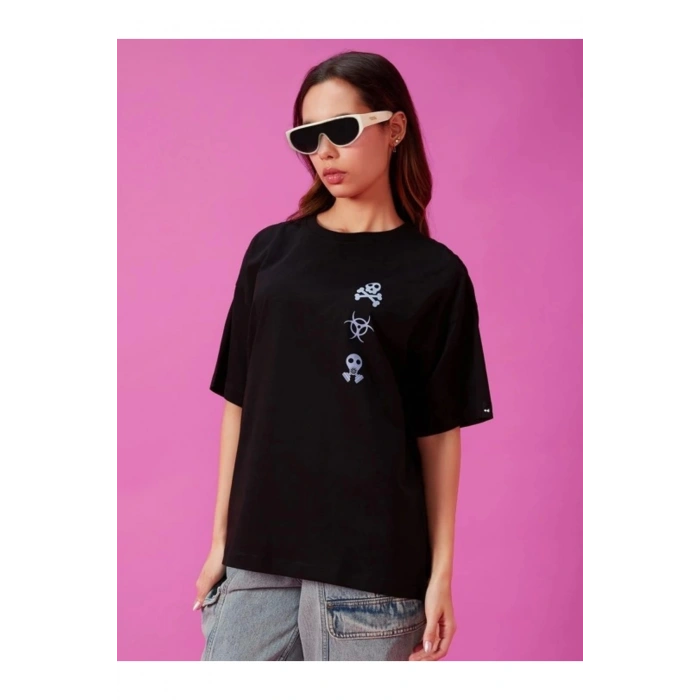Baskılı Oversize T-shirt - Siyah