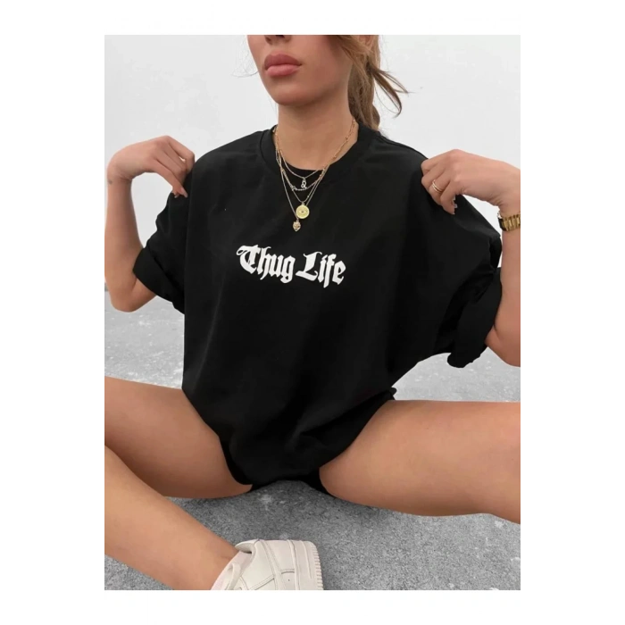 Unisex Bisiklet Yaka Baskılı Oversize T-Shirt - Siyah