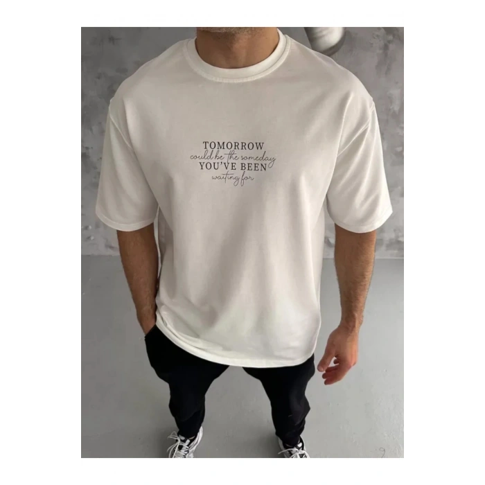 Unisex Bisiklet Yaka Baskılı Oversize T-Shirt - Beyaz