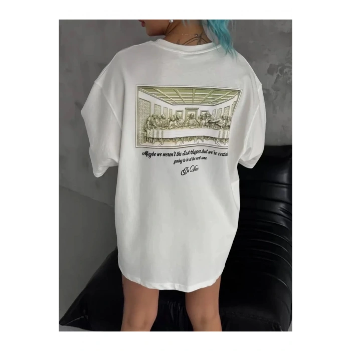 Unisex Baskılı Oversize T-Shirt - Beyaz