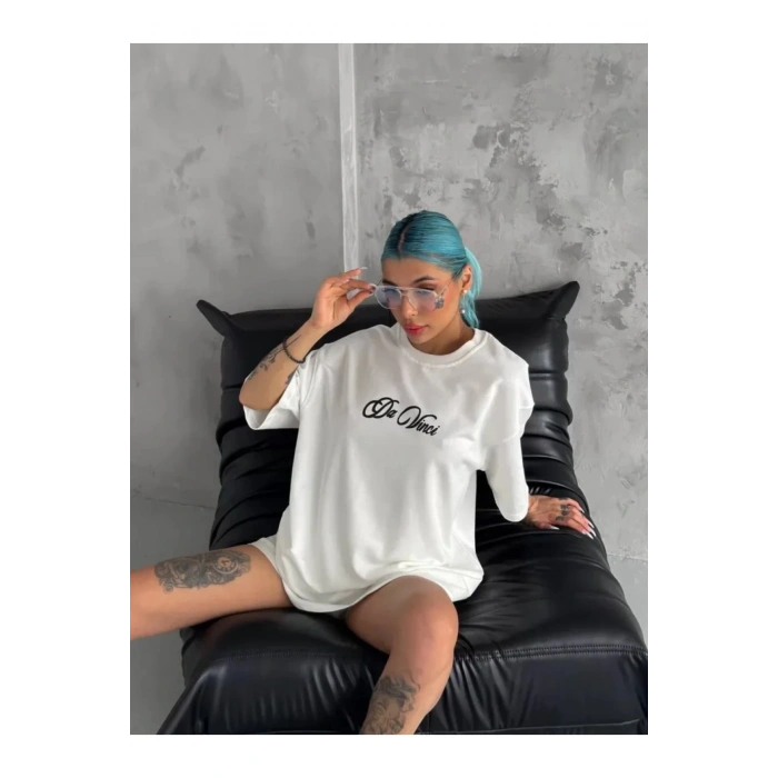 Unisex Baskılı Oversize T-Shirt - Beyaz