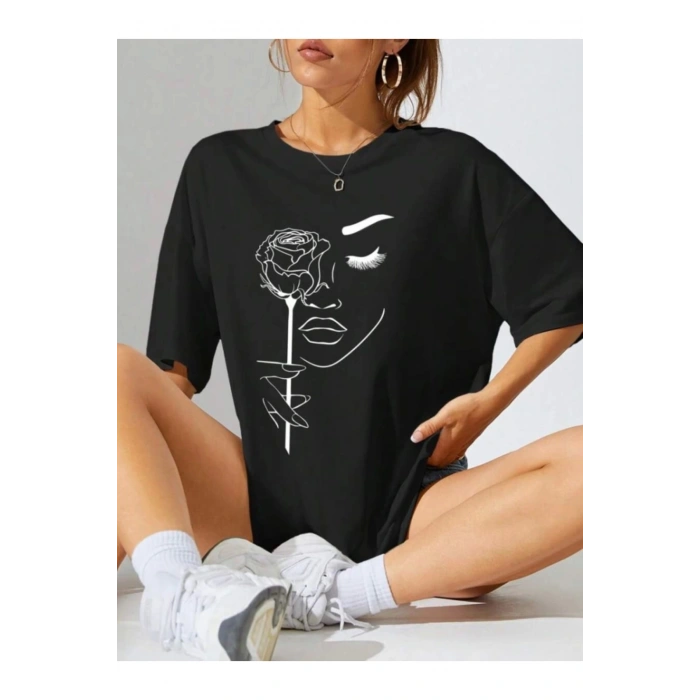 Baskılı Oversize T-shirt - Siyah