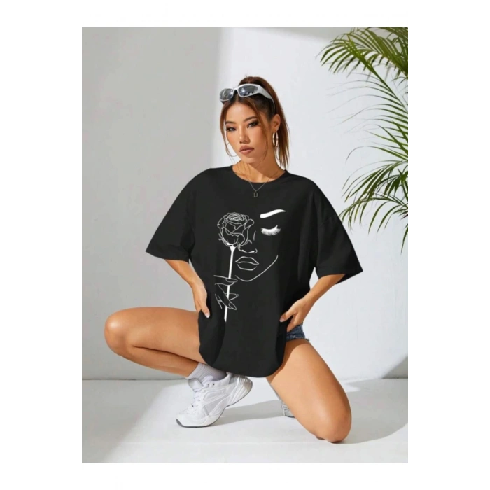Baskılı Oversize T-shirt - Siyah