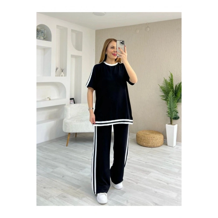 Kadın Kısa Kollu Bisiklet Yaka çift Renk şerit Detaylı Viskon Iki Iplik Bluz Ve Pantolon Ikili Takım