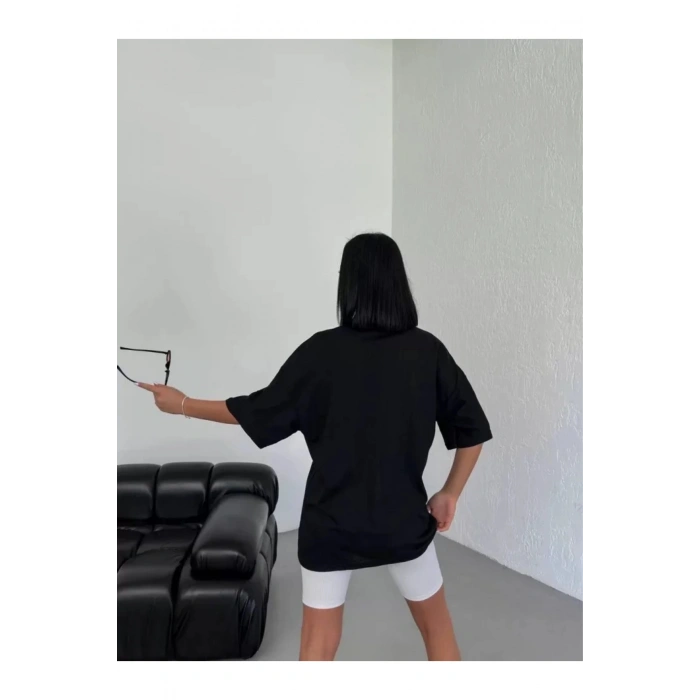 Unisex Bisiklet Yaka Baskılı Oversize T-Shirt - Siyah