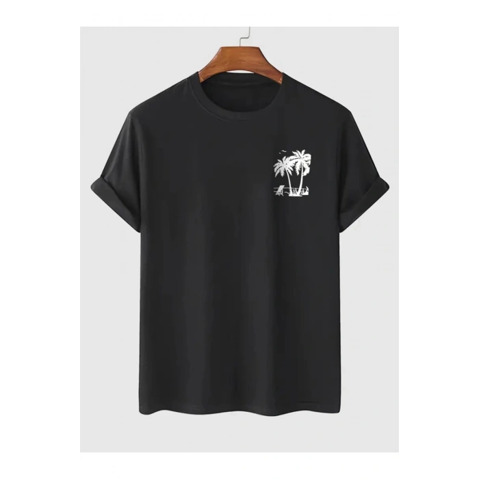 Baskılı Oversize Bisiklet Yaka T-shirt - Siyah