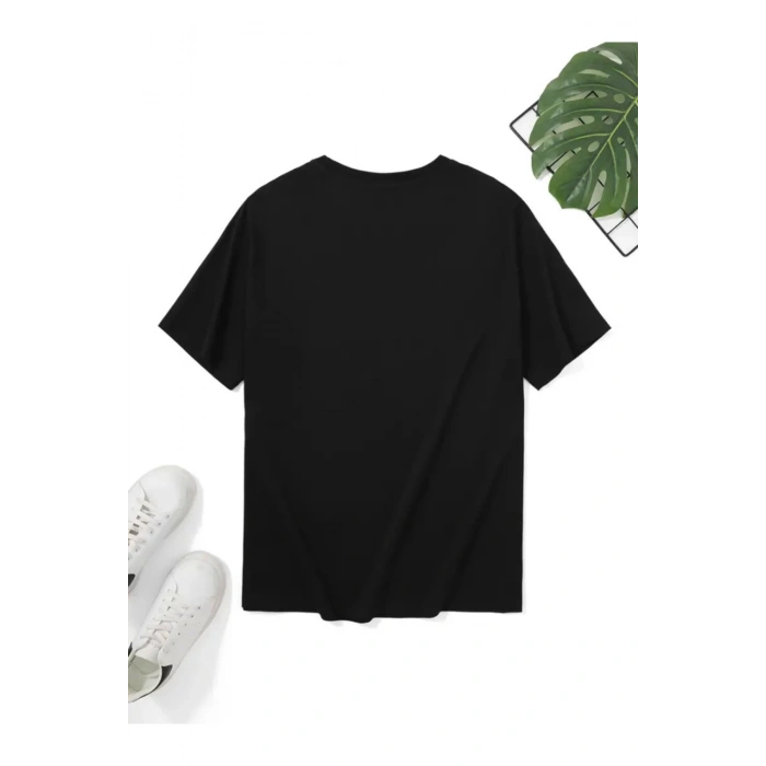 Baskılı Oversize Bisiklet Yaka T-shirt - Siyah