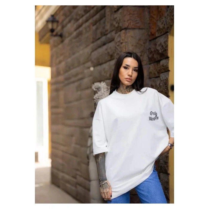 Unisex Bisiklet Yaka Baskılı Oversize T-Shirt - Beyaz