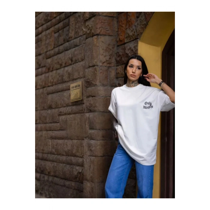 Unisex Bisiklet Yaka Baskılı Oversize T-Shirt - Beyaz