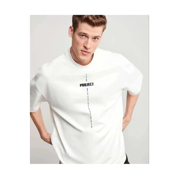 Unisex Bisiklet Yaka Baskılı Oversize T-Shirt - Beyaz