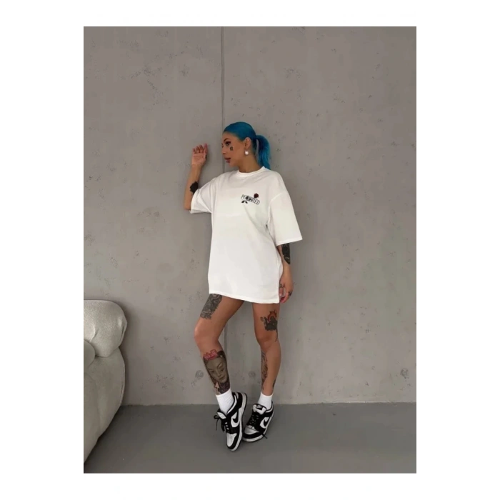 Unisex Bisiklet Yaka Baskılı Oversize T-Shirt - Beyaz
