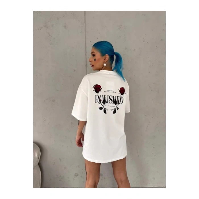 Unisex Bisiklet Yaka Baskılı Oversize T-Shirt - Beyaz