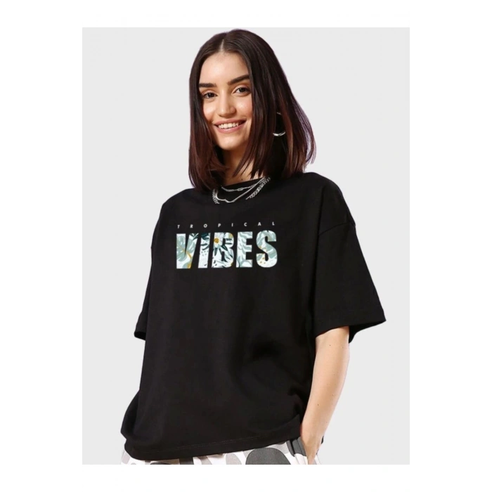 Baskılı Oversize T-shirt - Siyah