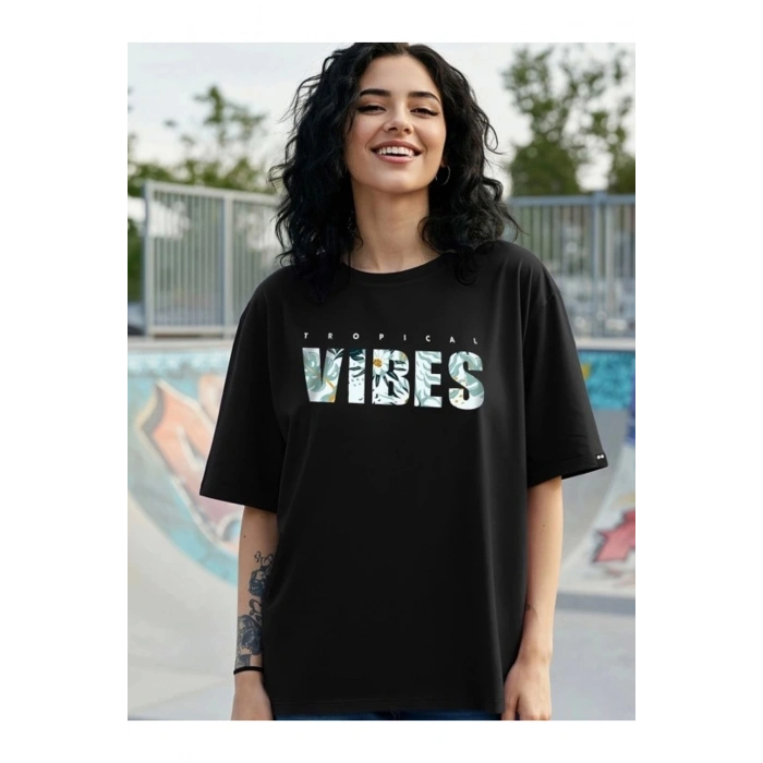 Baskılı Oversize T-shirt - Siyah