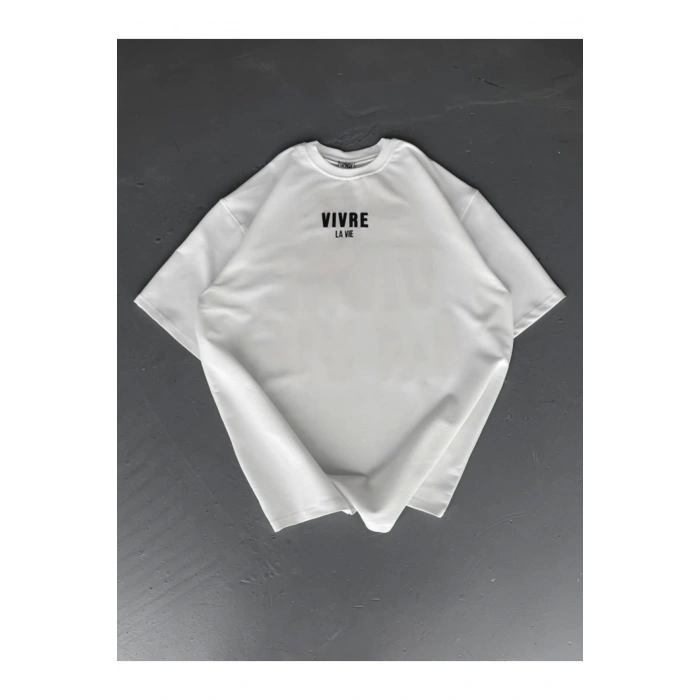 Baskılı Oversize Bisiklet Yaka T-shirt - Beyaz