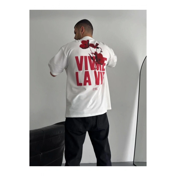 Baskılı Oversize Bisiklet Yaka T-shirt - Beyaz