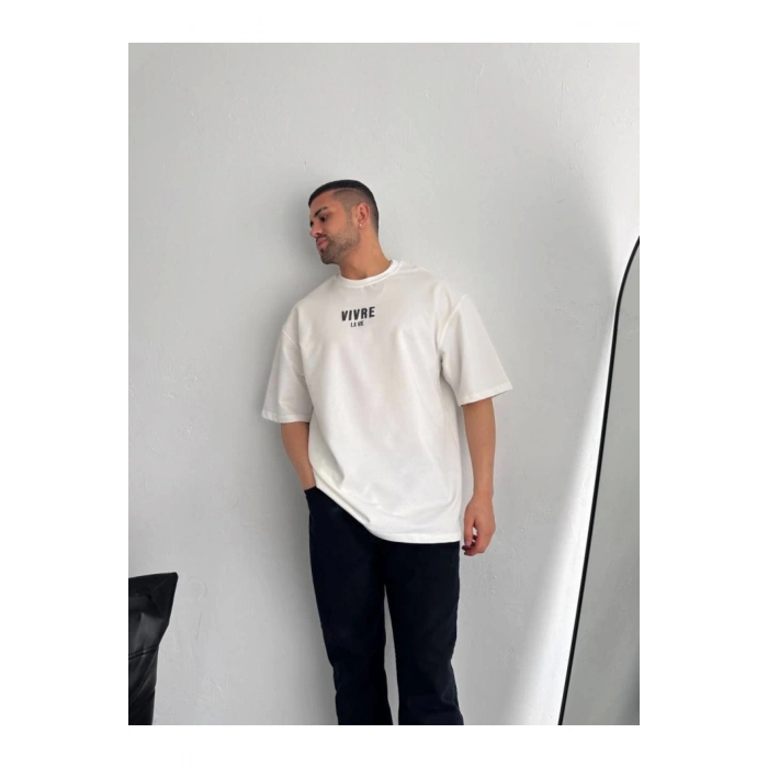 Baskılı Oversize Bisiklet Yaka T-shirt - Beyaz
