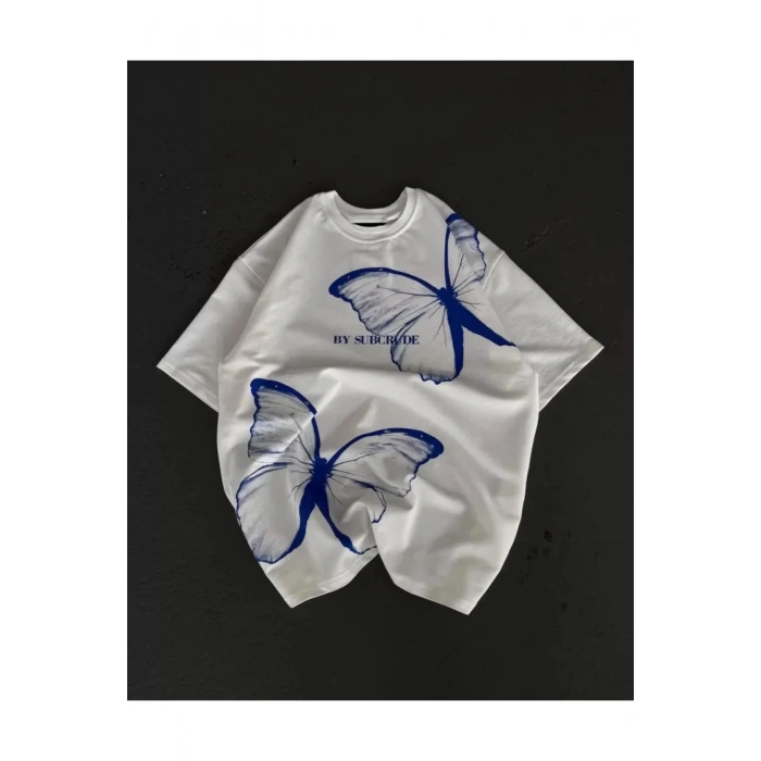 Unisex Bisiklet Yaka Baskılı Oversize T-Shirt - Beyaz