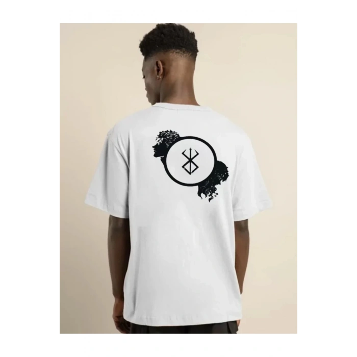Unisex Bisiklet Yaka Baskılı Oversize T-Shirt - Beyaz