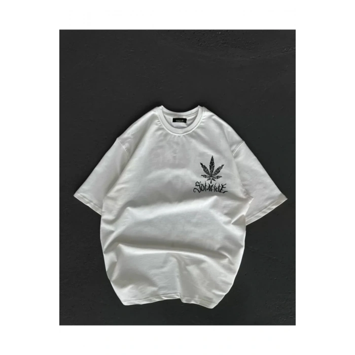 Unisex Bisiklet Yaka Baskılı Oversize T-Shirt - Beyaz