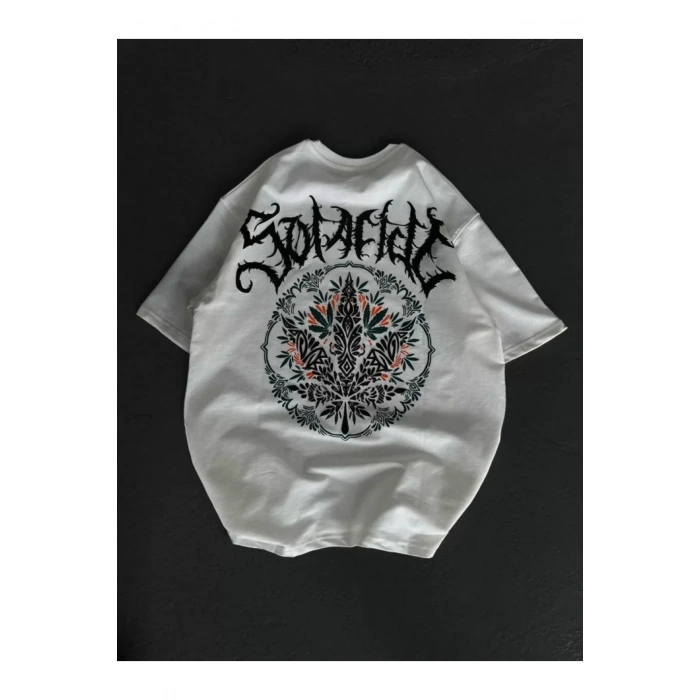 Unisex Bisiklet Yaka Baskılı Oversize T-Shirt - Beyaz