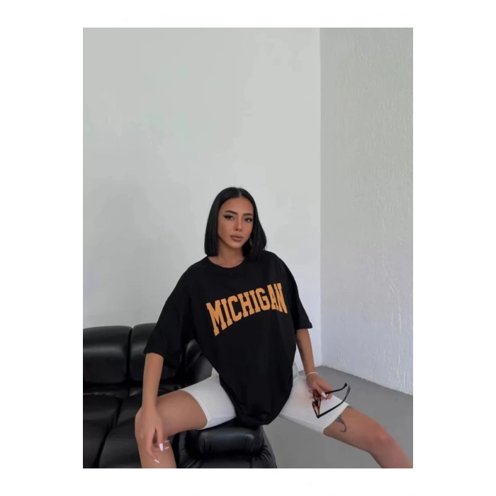 Unisex Bisiklet Yaka Baskılı Oversize T-Shirt - Beyaz