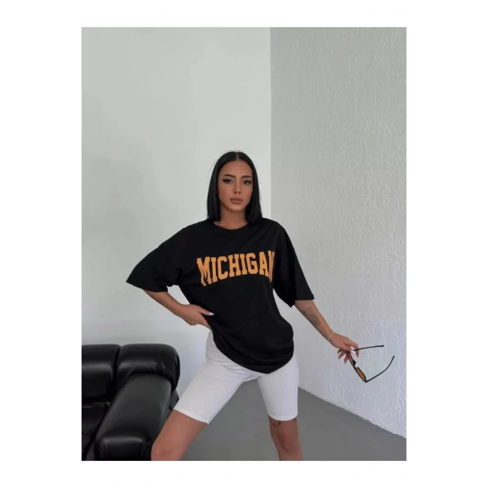 Unisex Bisiklet Yaka Baskılı Oversize T-Shirt - Beyaz