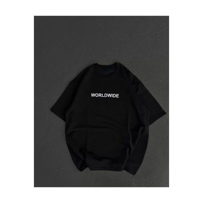 Unisex Bisiklet Yaka Baskılı Oversize T-Shirt - Siyah