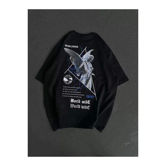Unisex Bisiklet Yaka Baskılı Oversize T-Shirt - Siyah