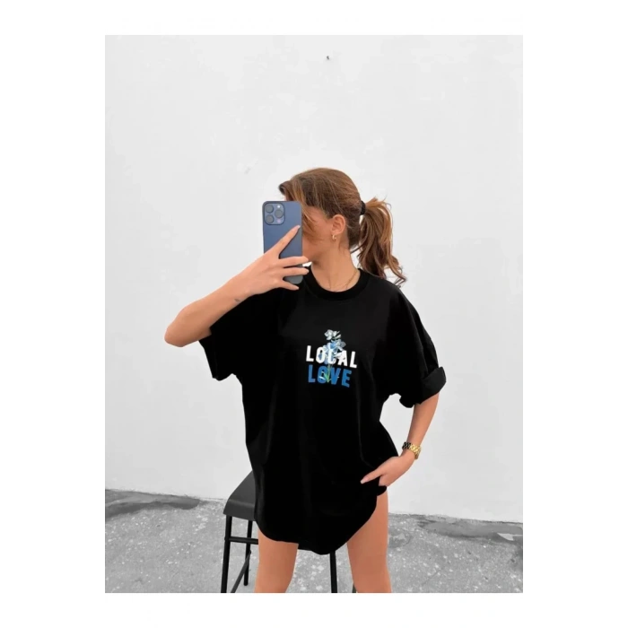 Unisex Bisiklet Yaka Baskılı Oversize T-Shirt - Siyah