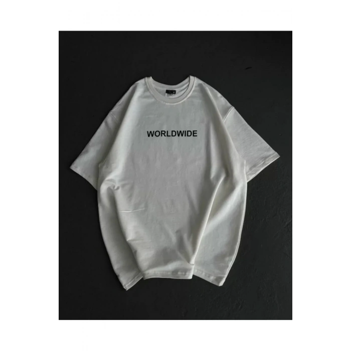Unisex Bisiklet Yaka Baskılı Oversize T-Shirt - Beyaz