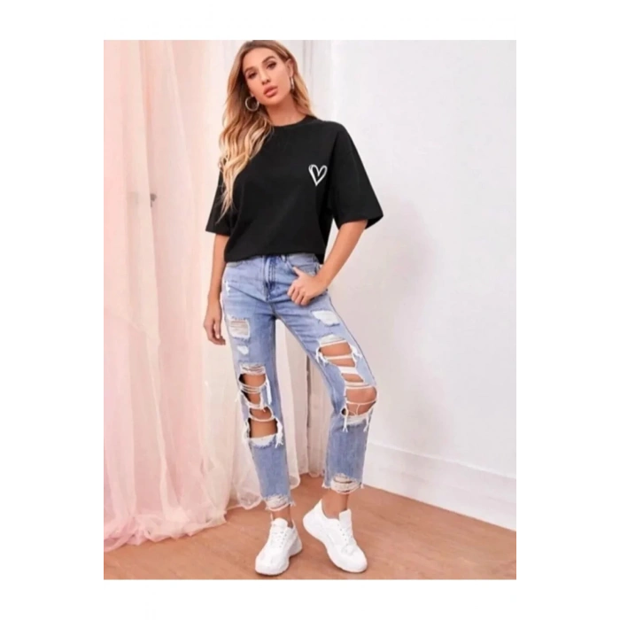 Bisiklet Yaka Baskılı Oversize T-Shirt - Siyah