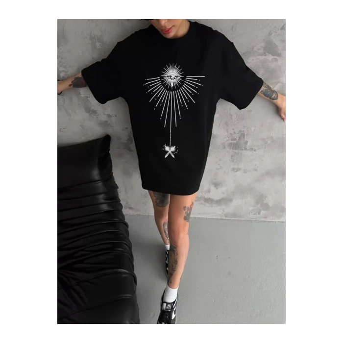 Unisex Bisiklet Yaka Baskılı Oversize T-Shirt - Siyah