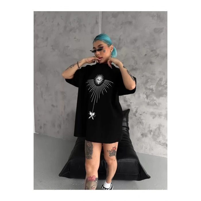 Unisex Bisiklet Yaka Baskılı Oversize T-Shirt - Siyah