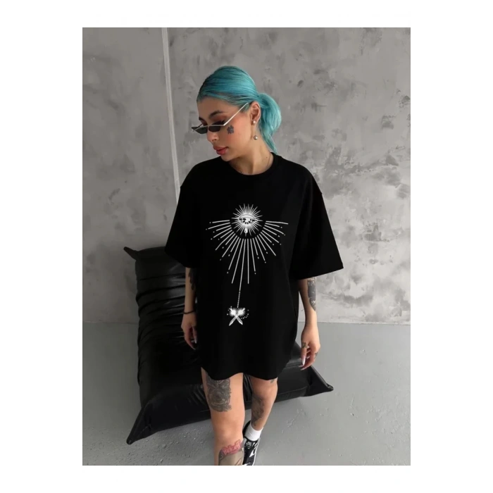Unisex Bisiklet Yaka Baskılı Oversize T-Shirt - Siyah