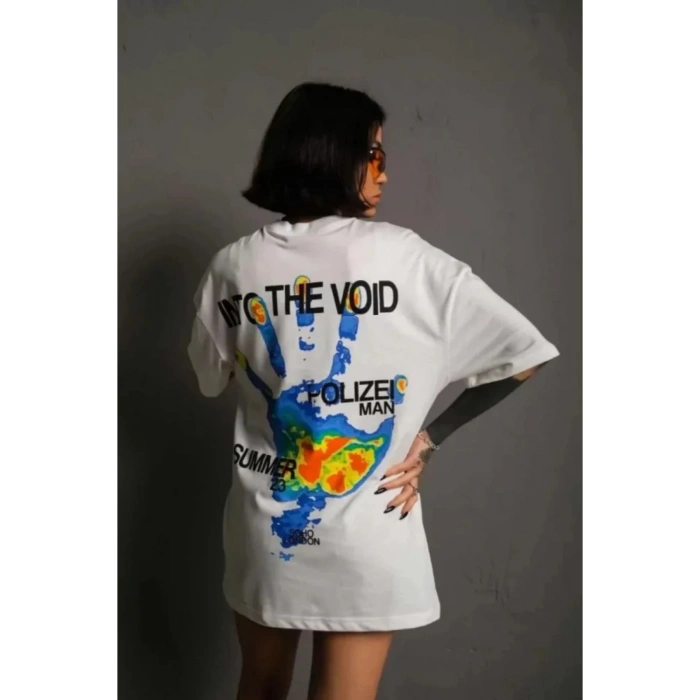 Unisex Bisiklet Yaka Baskılı Oversize T-Shirt - Beyaz