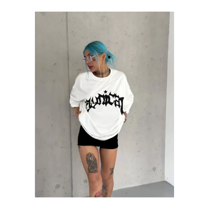 Unisex Bisiklet Yaka Baskılı Oversize T-Shirt - Beyaz