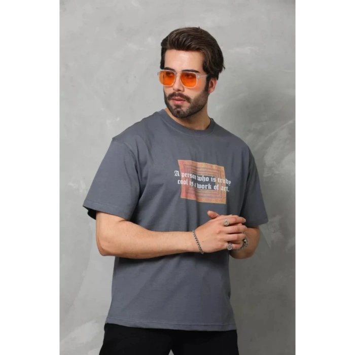 Unisex Bisiklet Yaka Baskılı Oversize T-Shirt - Füme