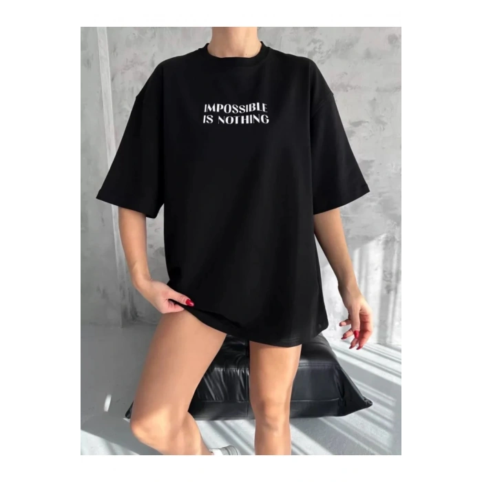 Unisex Bisiklet Yaka Baskılı Oversize T-Shirt - Siyah