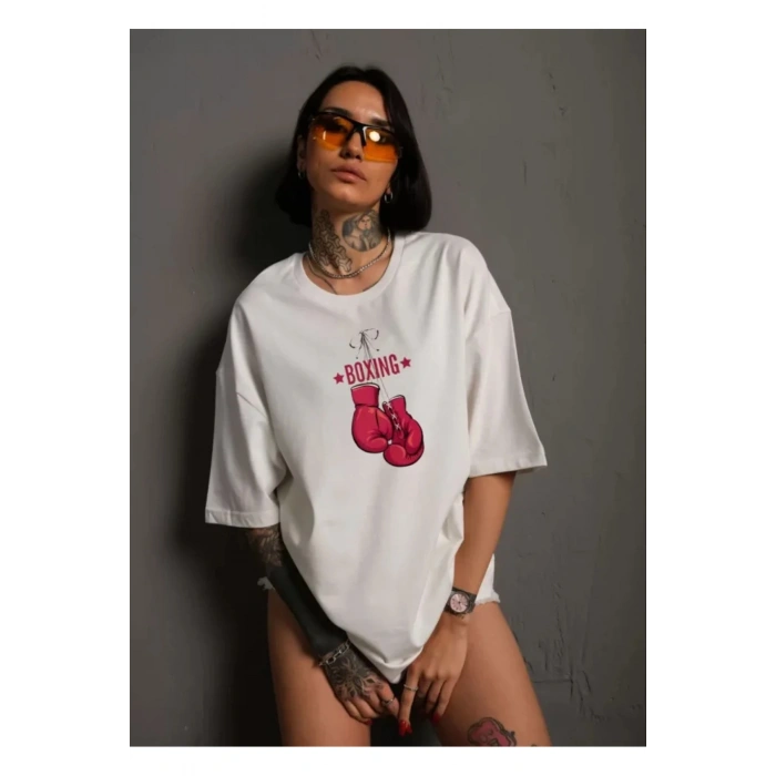 Unisex Bisiklet Yaka Baskılı Oversize T-Shirt - Beyaz