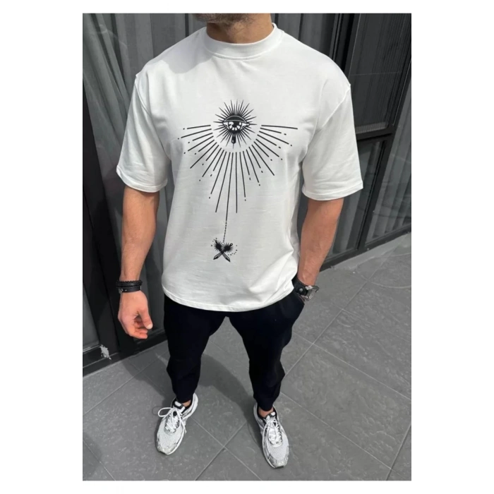 Unisex Bisiklet Yaka Baskılı Oversize T-Shirt - Beyaz